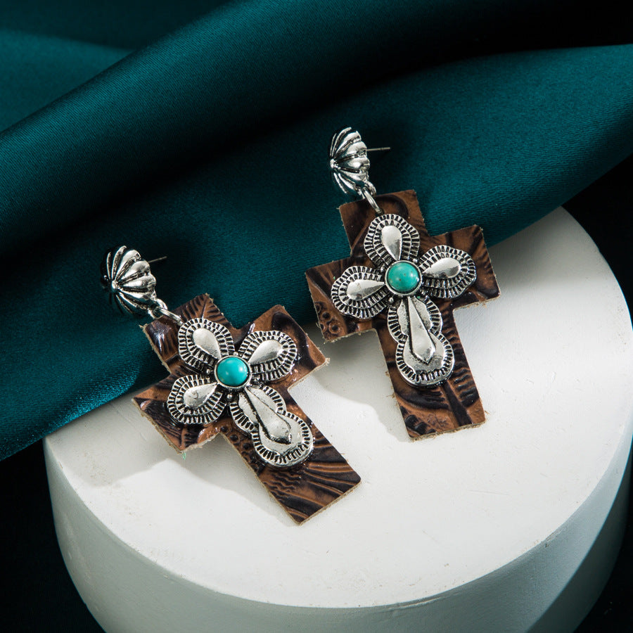 Wholesale Exaggerated Cross Earrings with Inlaid Turquoise Leather
